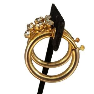 Vintage Antique Gold Hoop Earrings Rhinestones Non Pierced Push Back Clip